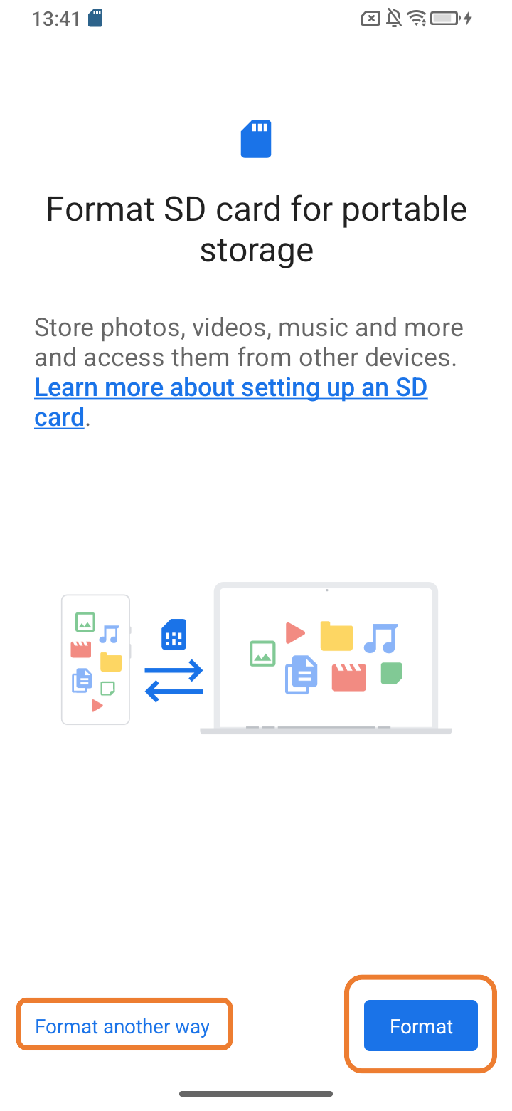 Screenshot of formatting mobile storage Select “Format”