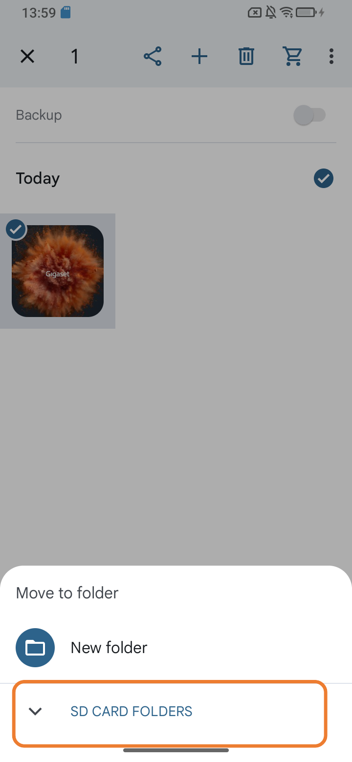 Move screenshot of photo to new folder “SD card folders” selected
