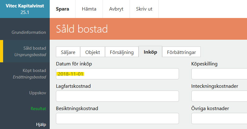 Bildtext: Gränssnittsvy av kapitalvinstberäkningen. Sektionen såld bostad och fliken Inköp. Datum för inköp är markerat.