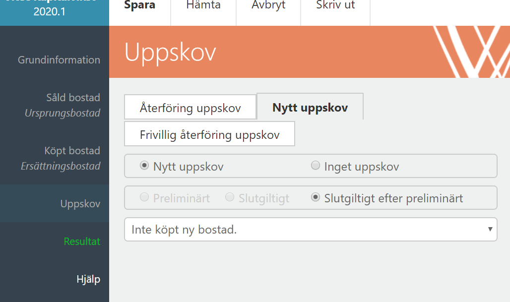 Bildtext: Gränssnittsvy av kapitalvinstberäkningen. Sektionen Uppskov, fliken Nytt uppskov.