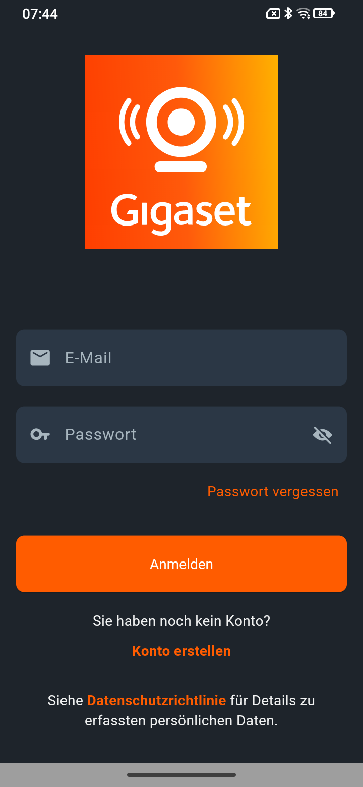 Screenshot des Anmelde-/Registrierungsschirms.