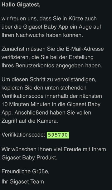Screenshot der Mail mit dem Bestätigungscodes.