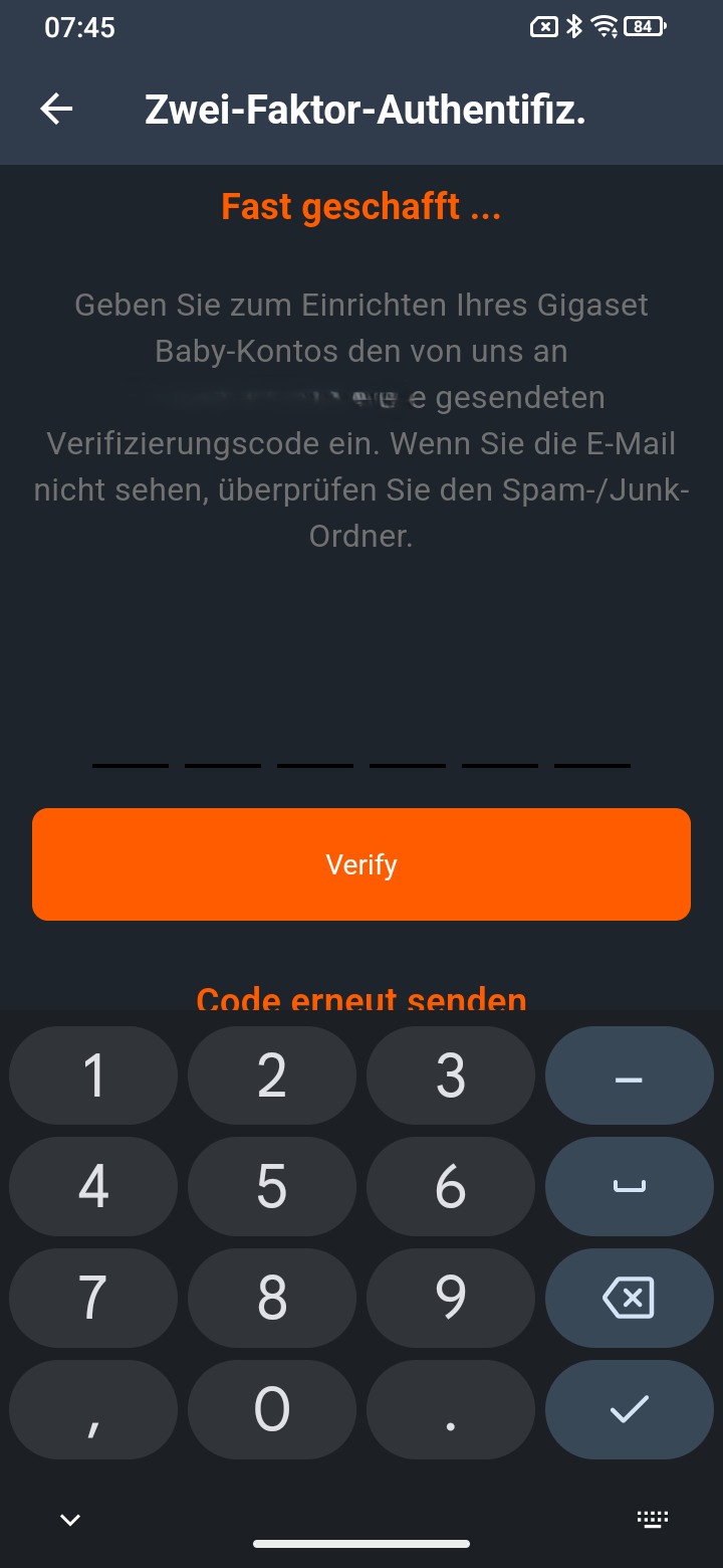 Screenshot zur Eingabe der Verifizierungscodes.