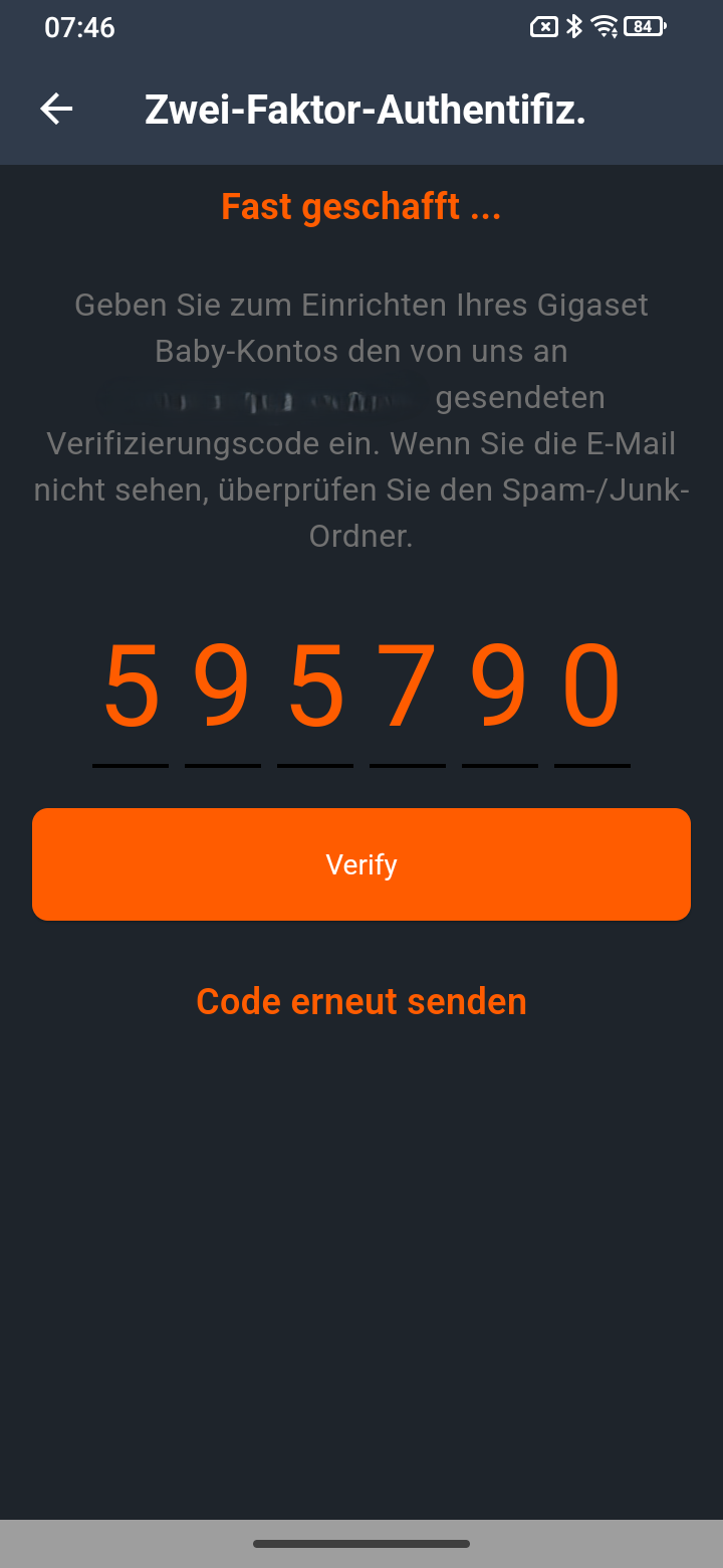 Screenshot des Bestätigungsbildschirmes mit ausgefülltem Code.