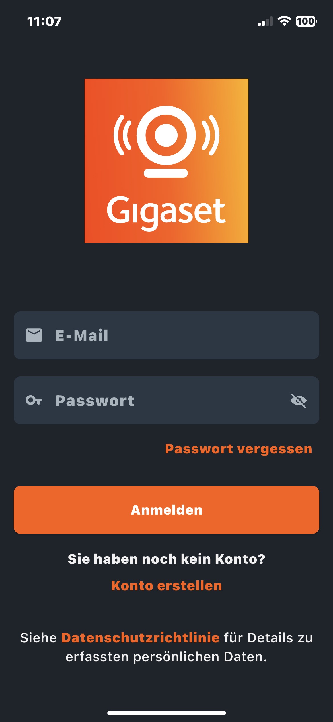 Screenshot zeigt die Anmeldemaske der Gigaset Baby App für Apple iOS.
