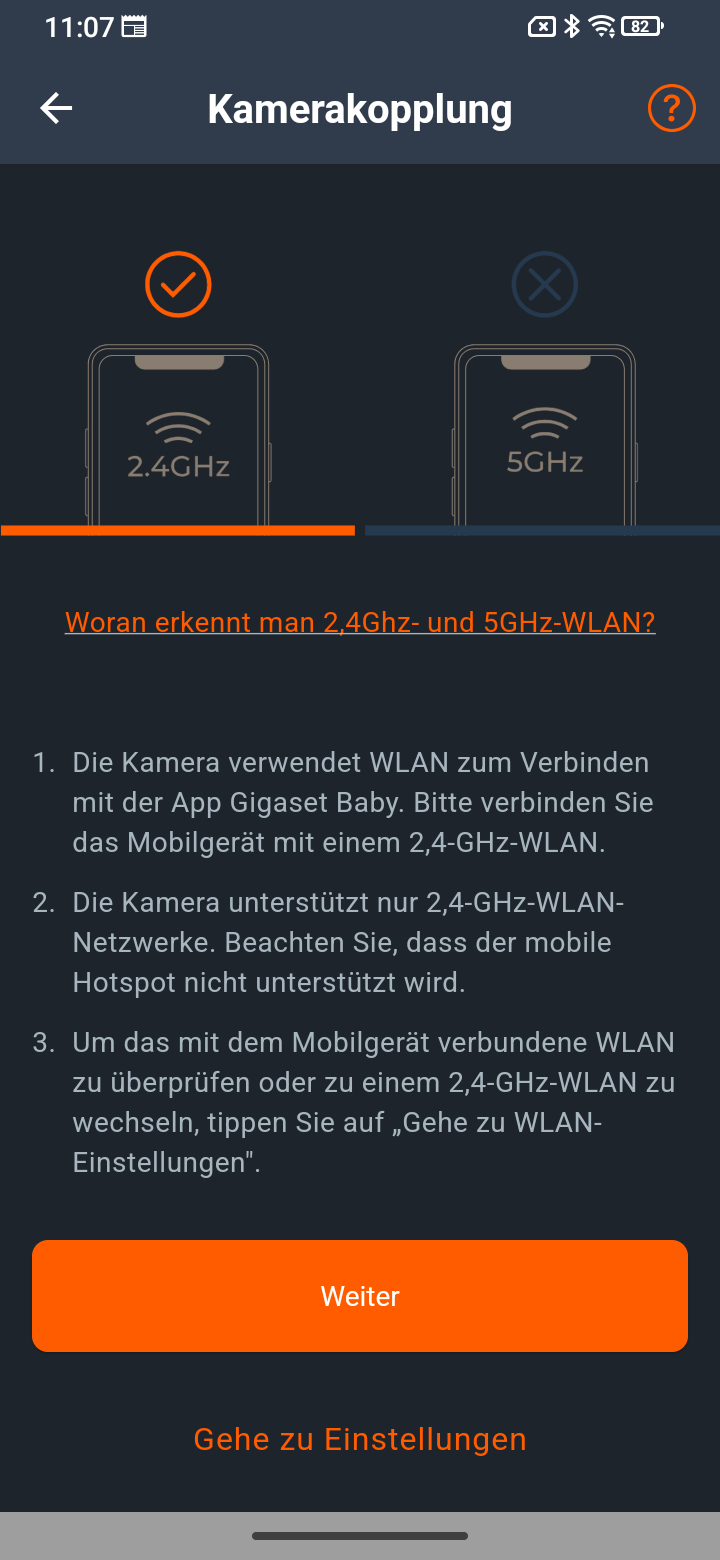 Das Bildschirmfoto gibt den Hinweis das die Babyeinheit ausschließlich mit 2,4 GHz WLAN Netzen verbunden werden kann.
