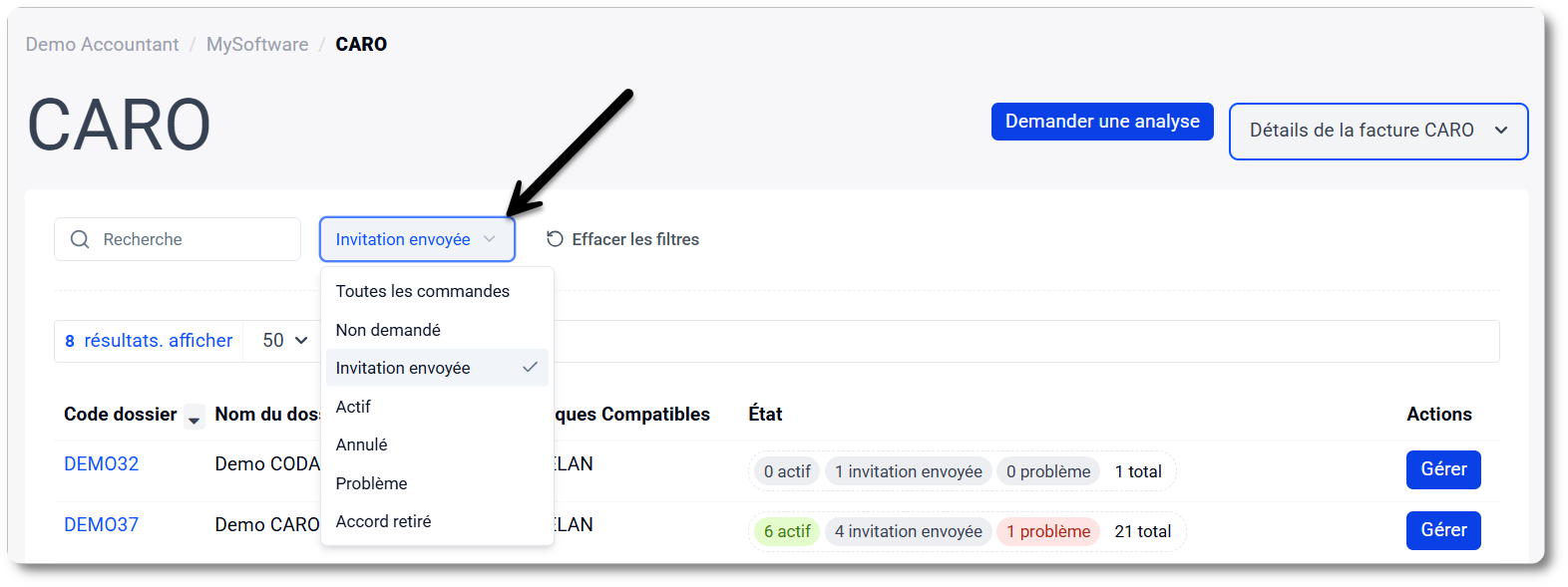 Filtrer les commandes CARO par état 
