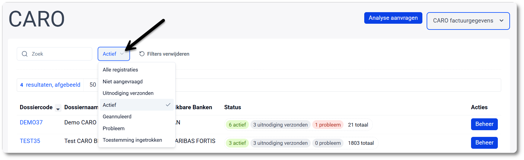 CARO filteren op status actief