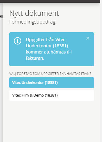 Välj företag som uppgifter till dokument ska hämtas ifrån.