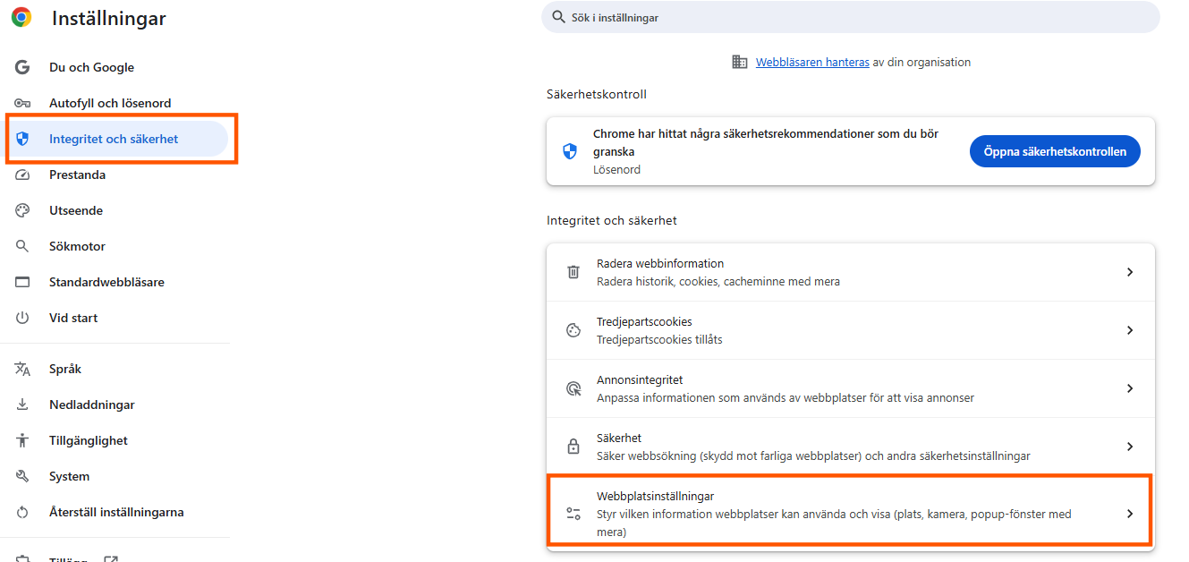 webbplatsinställningar i webbläsaren