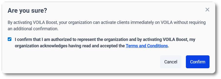 Confirm VOILA Boost: accept the Terms and Conditions