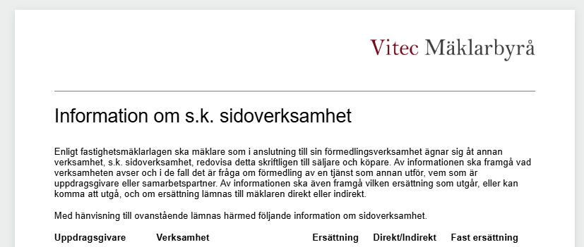 dokumentet Information om s.k. sidoverksamhet