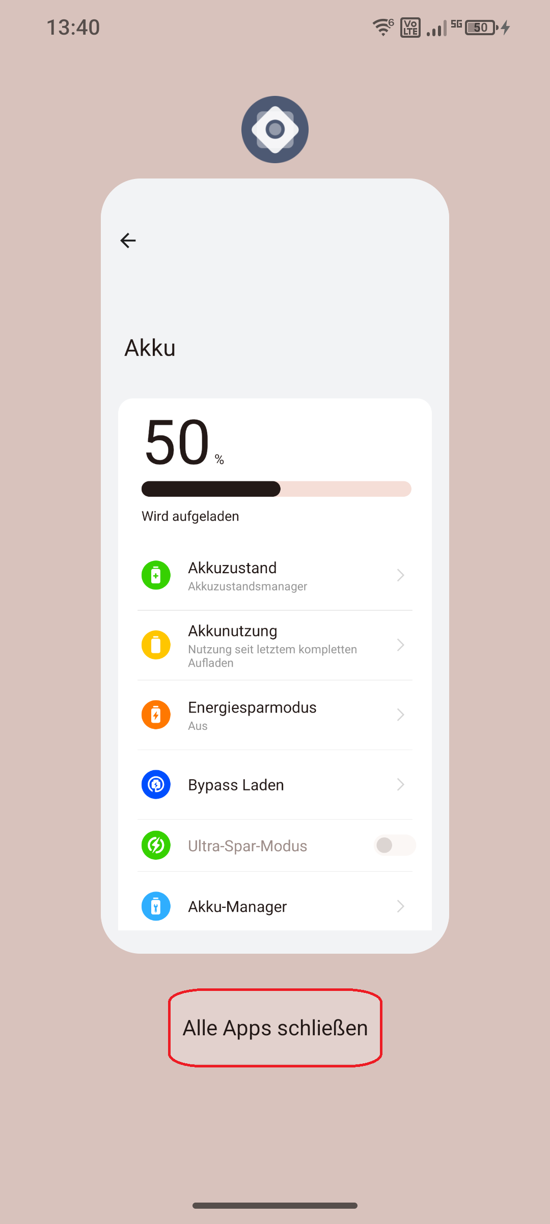 Screenshot vom Task-Manager, "Alle Apps schließen" ausgewählt