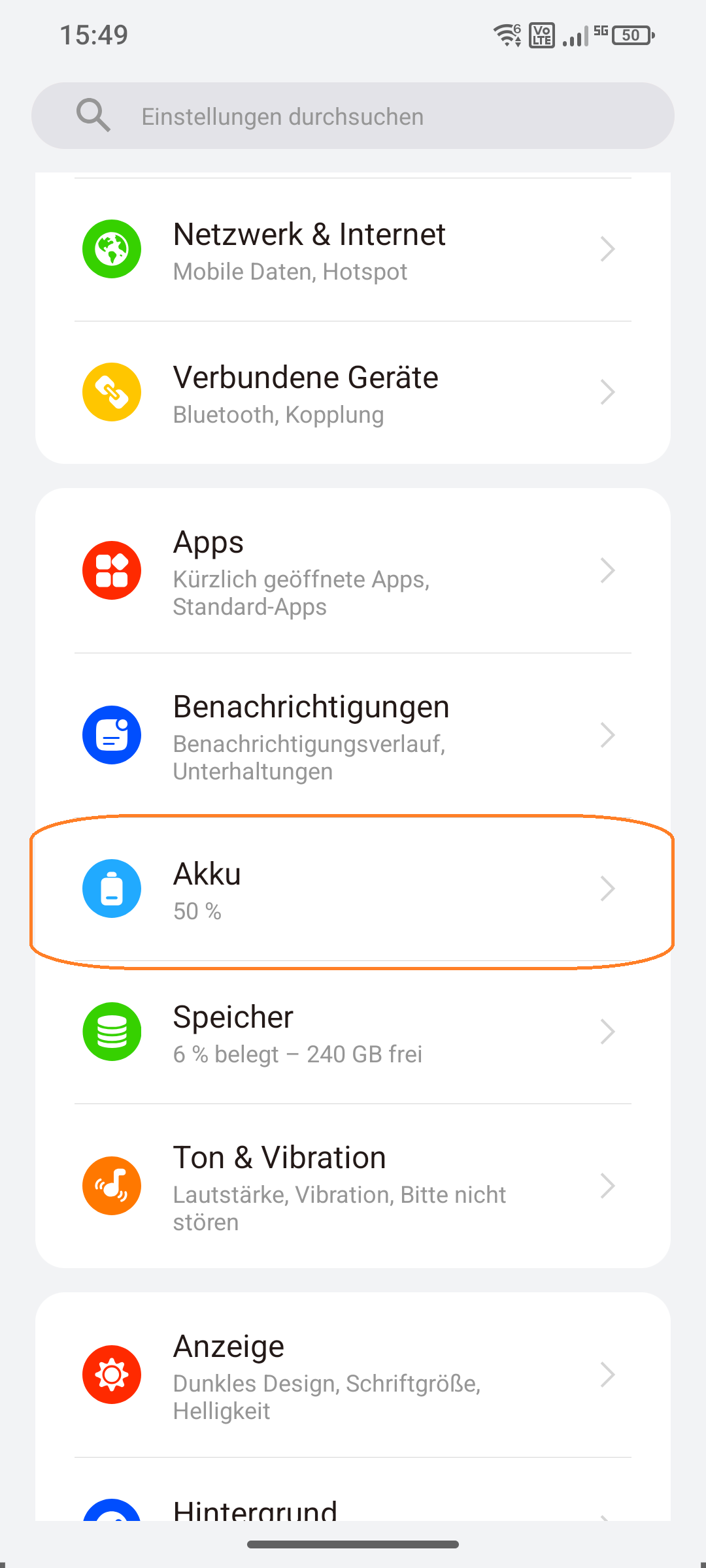 Menüpunkt „Akku“ in den Einstellungen