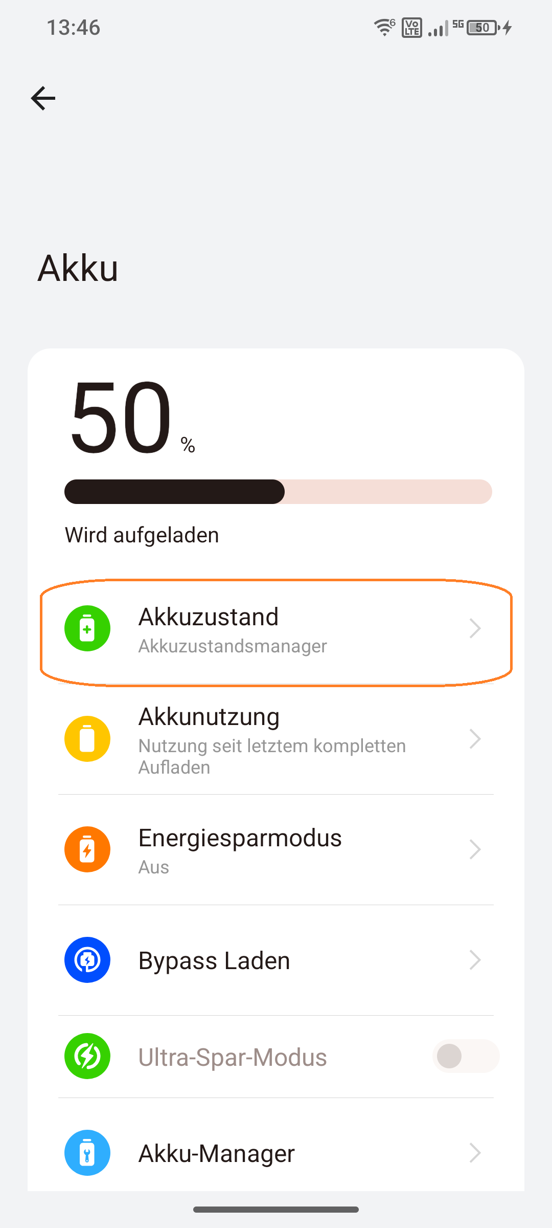 Menüpunkt „Akkuzustand“ in den Akku-Einstellungen