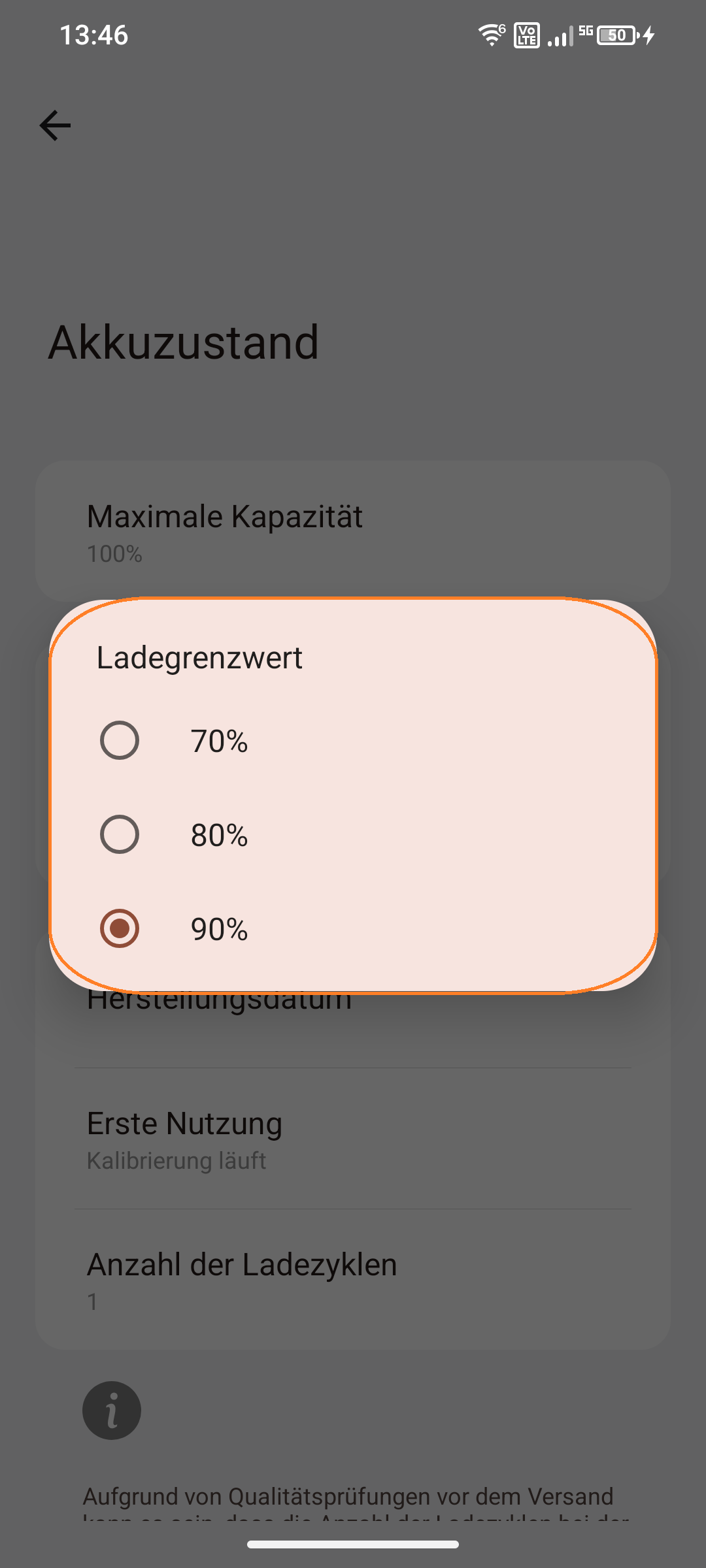 Screenshot von Ladegrenzwert 90% ausgewählt