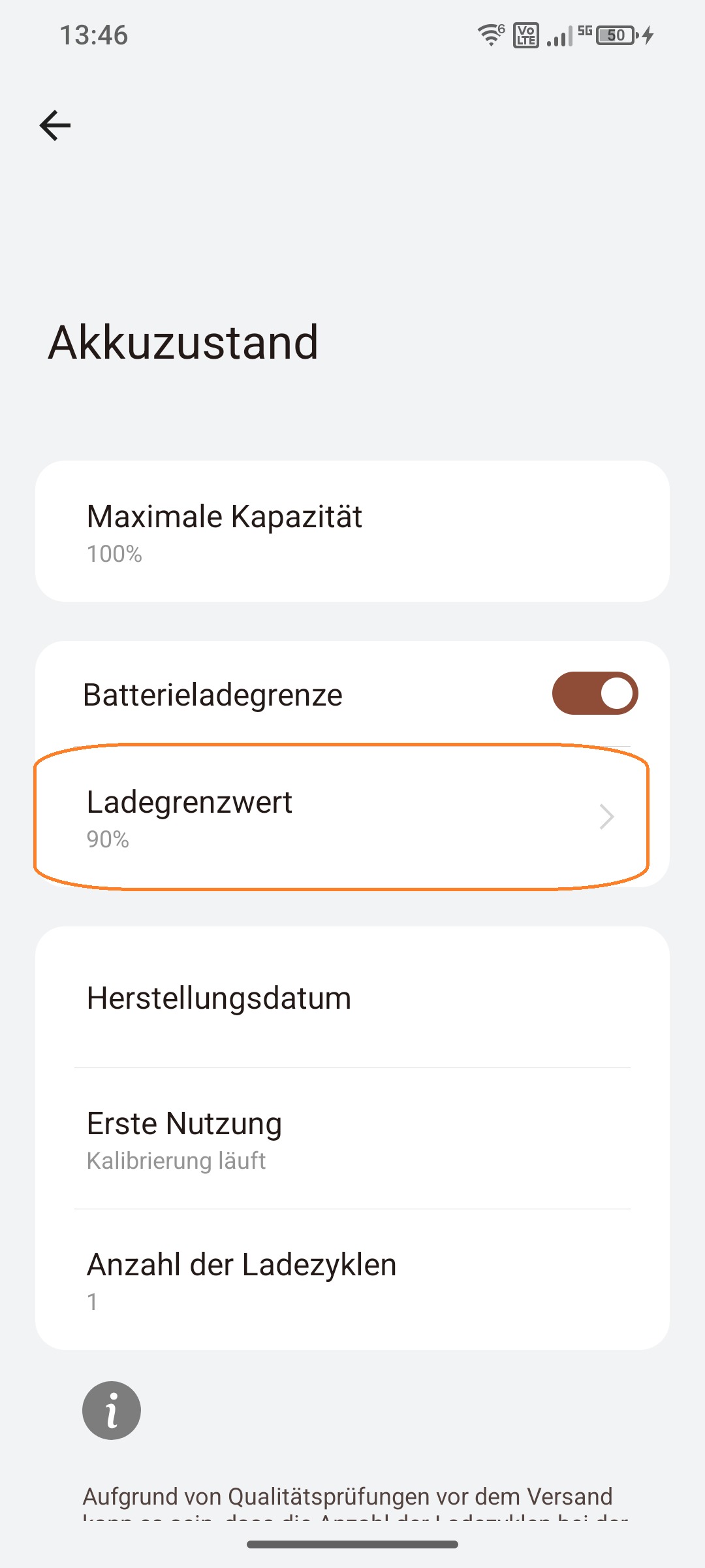 Menüpunkt „Ladegrenzwert“ unter Akkuzustand sichtbar
