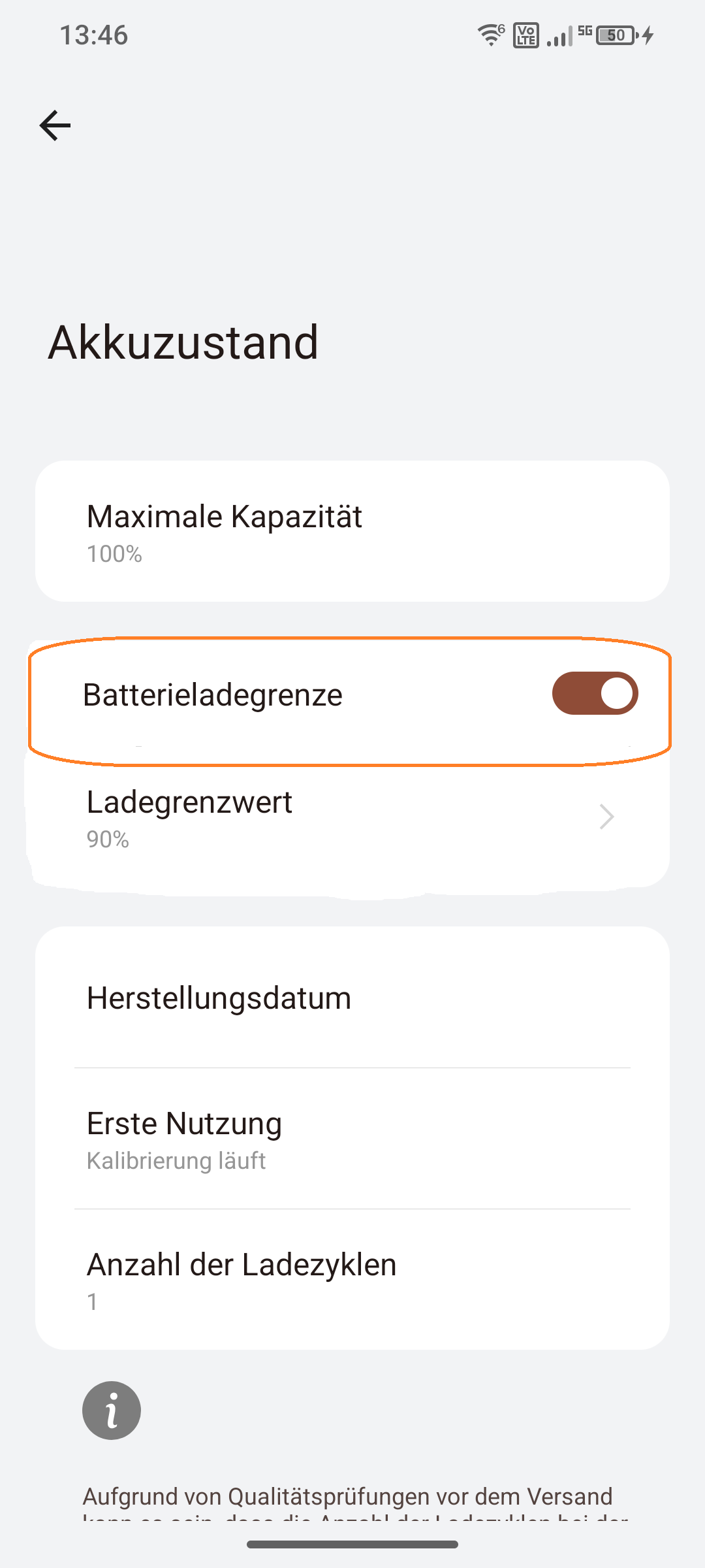 Menüpunkt „Batteriegrenze“ An/Aus Schalter unter Akkuzustand