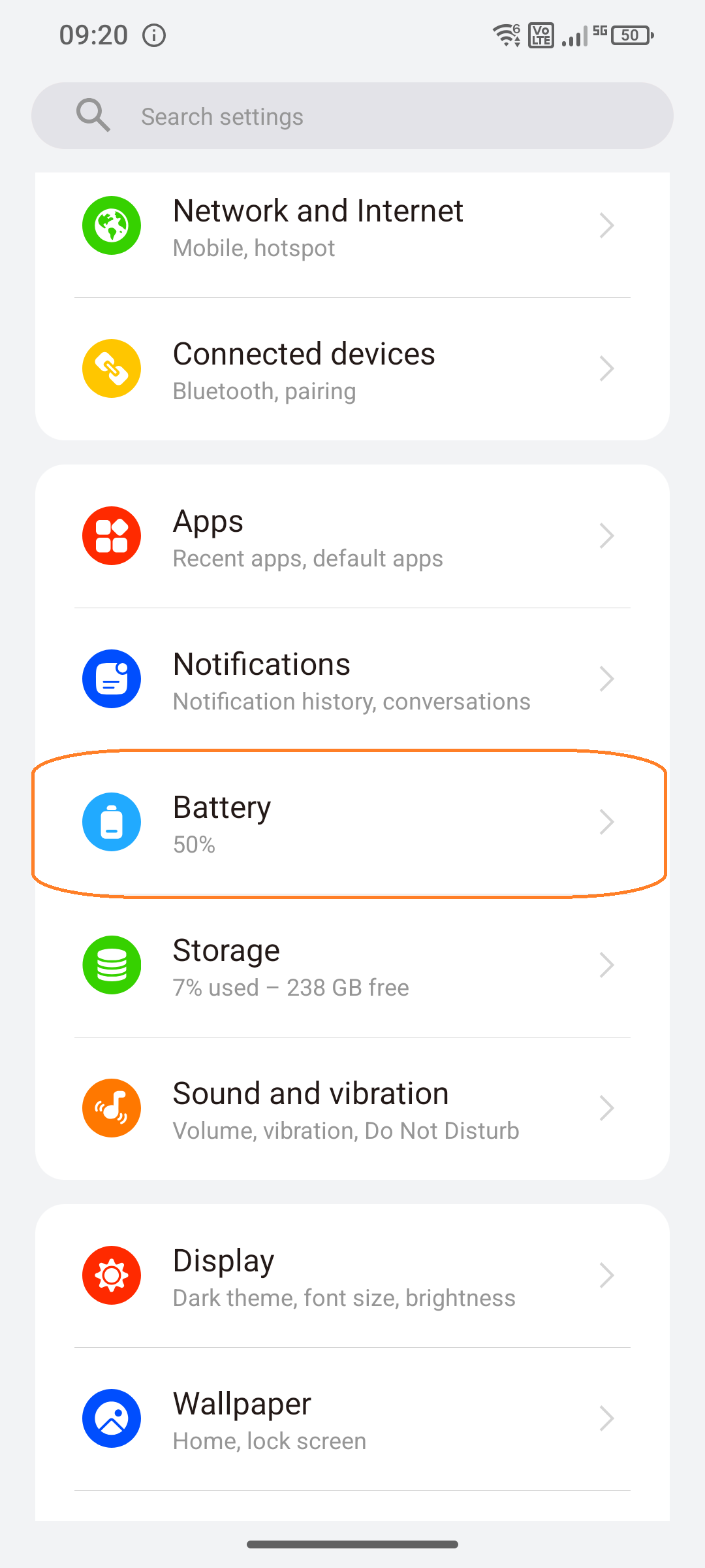 Menu item “Battery” in the settings
