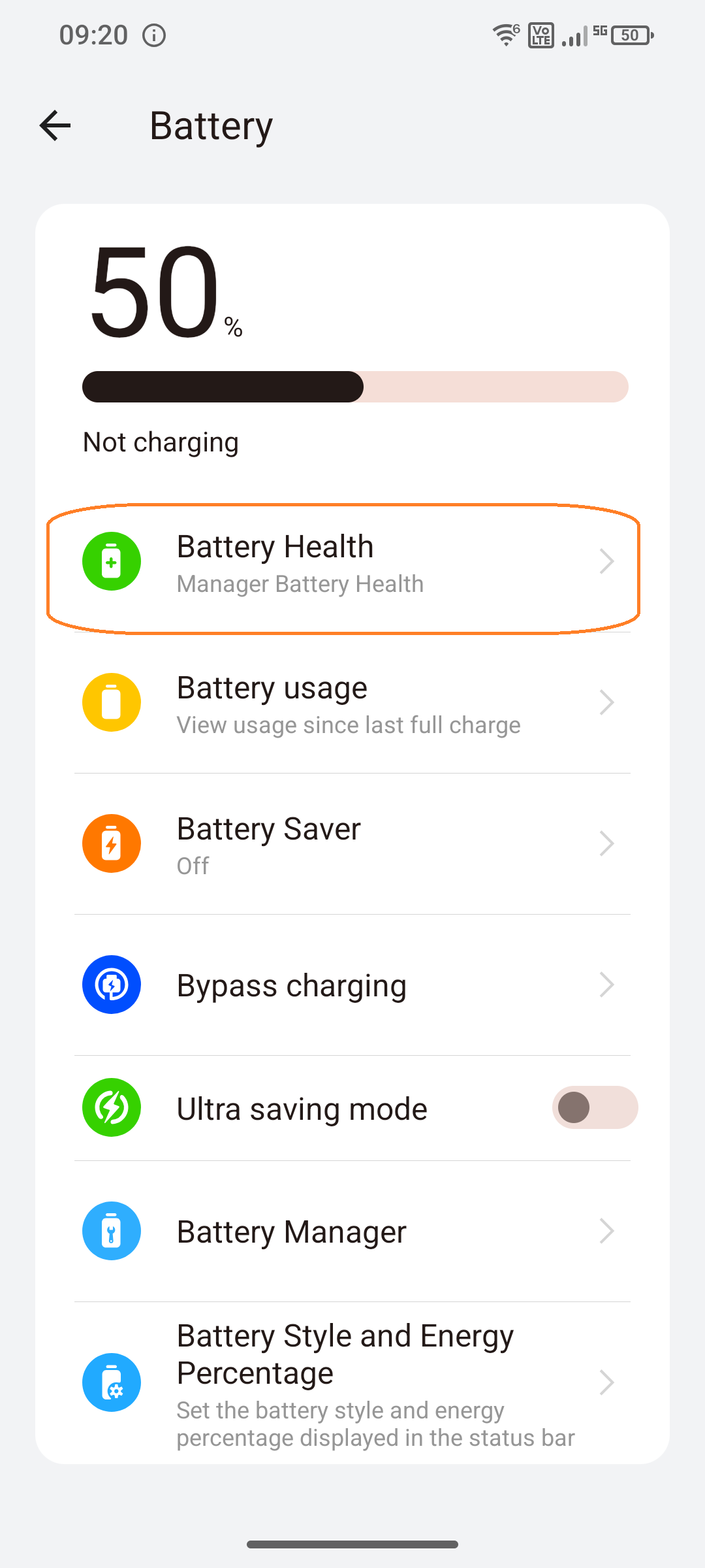 Menu item “Battery Health” in battery settings