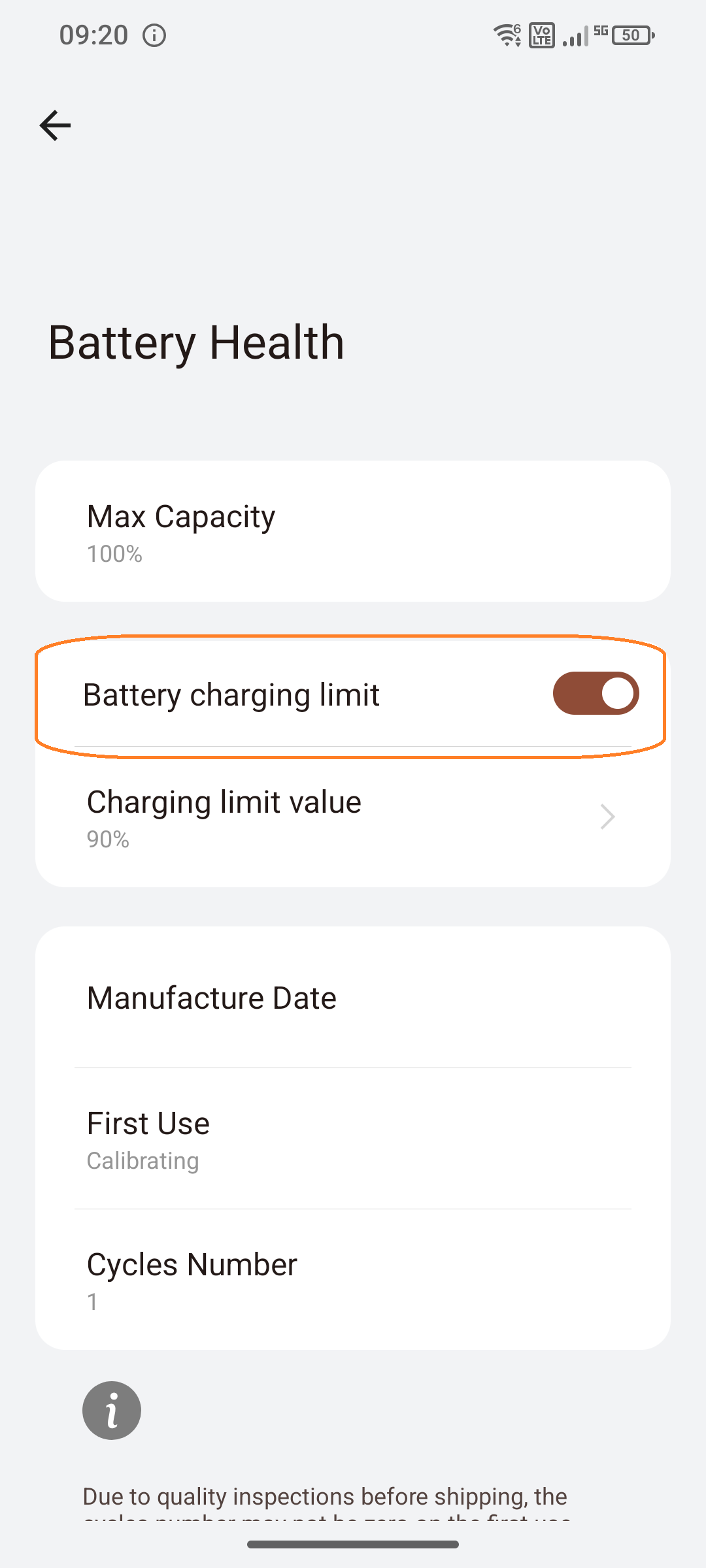 Menu item “Battery charge limit” On/Off switch in battery health settings