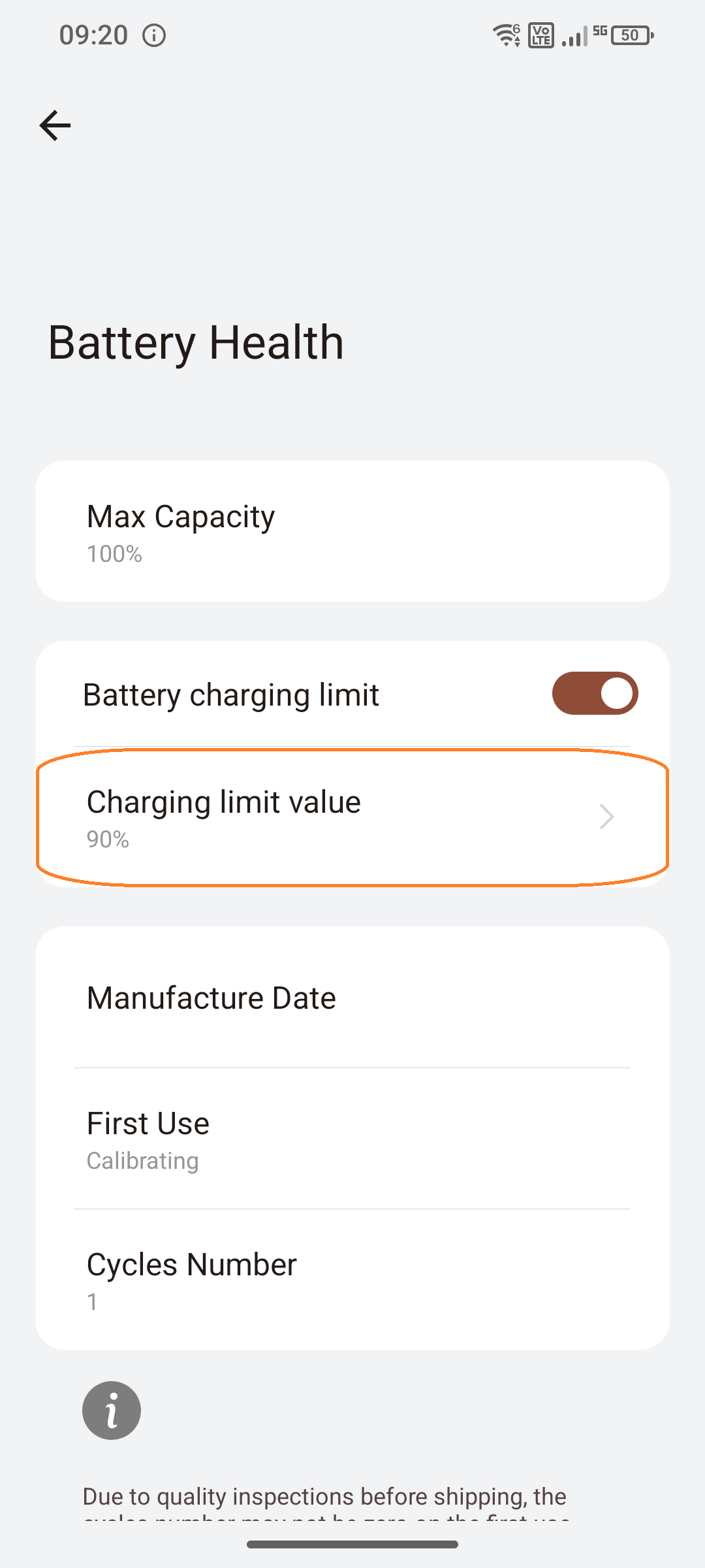 Menu item “Charge limit value” in Battery Health settings