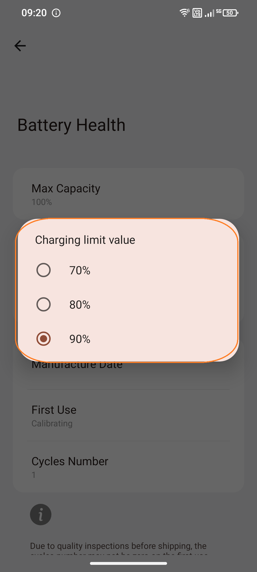 Screenshot of charging limit value 90% selected