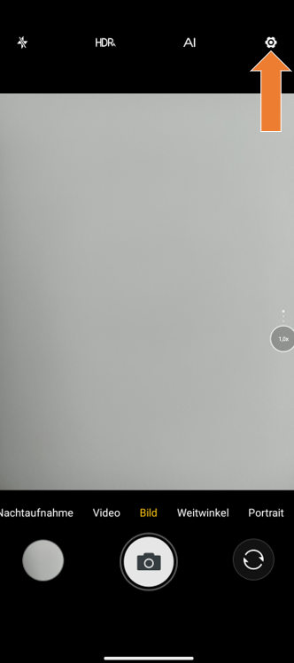 Screenshot von Kamera-App, Zahnrad ausgewählt