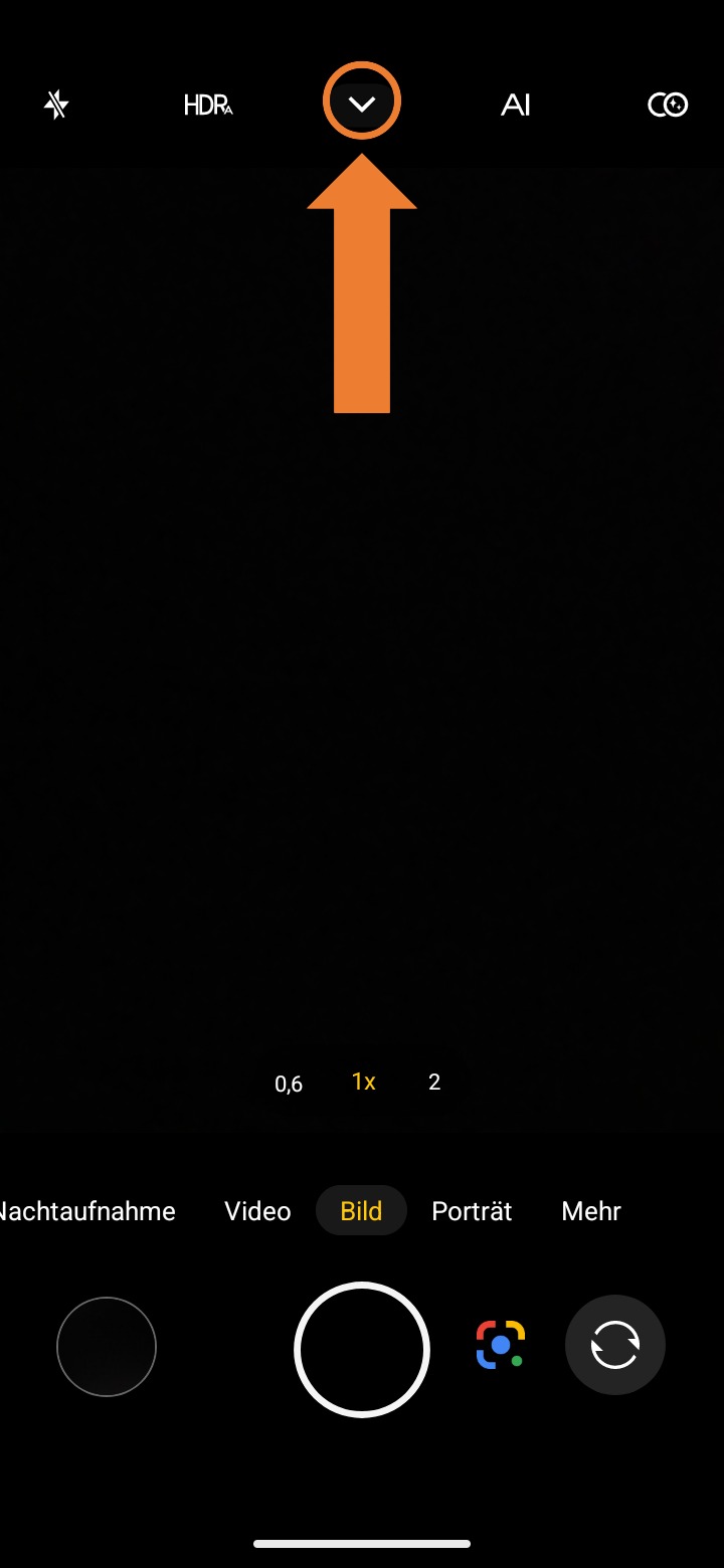 Screenshot von Kamera-App ‚‚Nach unten zeigender Pfeil" ausgewählt