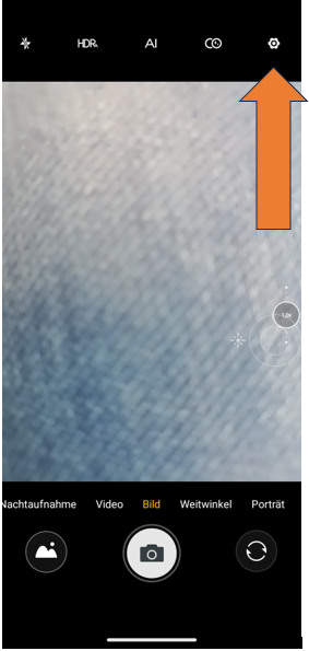 Screenshot von Kamera-App, Zahnrad ausgewählt