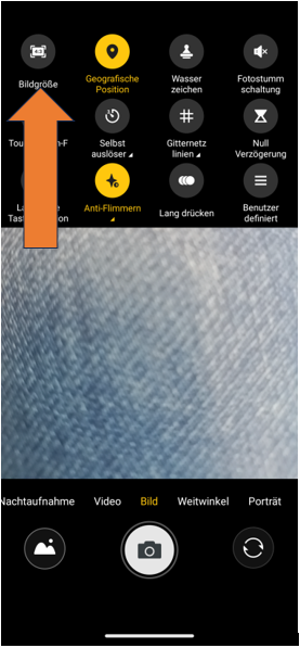 Screenshot von Kamera-App in den Einstellungen ‚‚Bildgröße" ausgewählt
