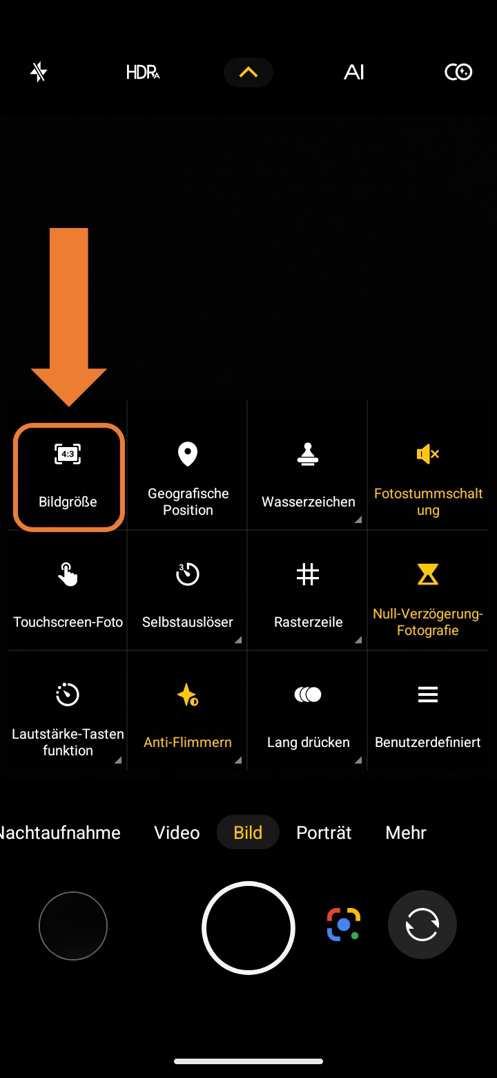 Screenshot von Kamera-App in den Einstellungen ‚‚Bildgröße" ausgewählt 