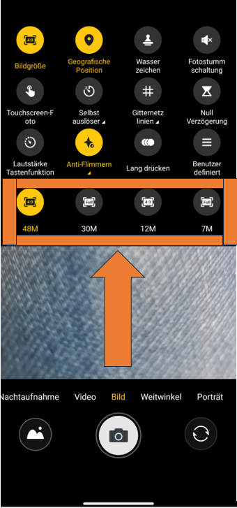 Screenshot von Kamera-App in den Bildschirmgrößen-Einstellungen