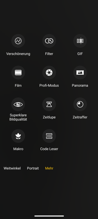 Screenshot von allen verfügbaren Modi unter ‚‚Mehr"