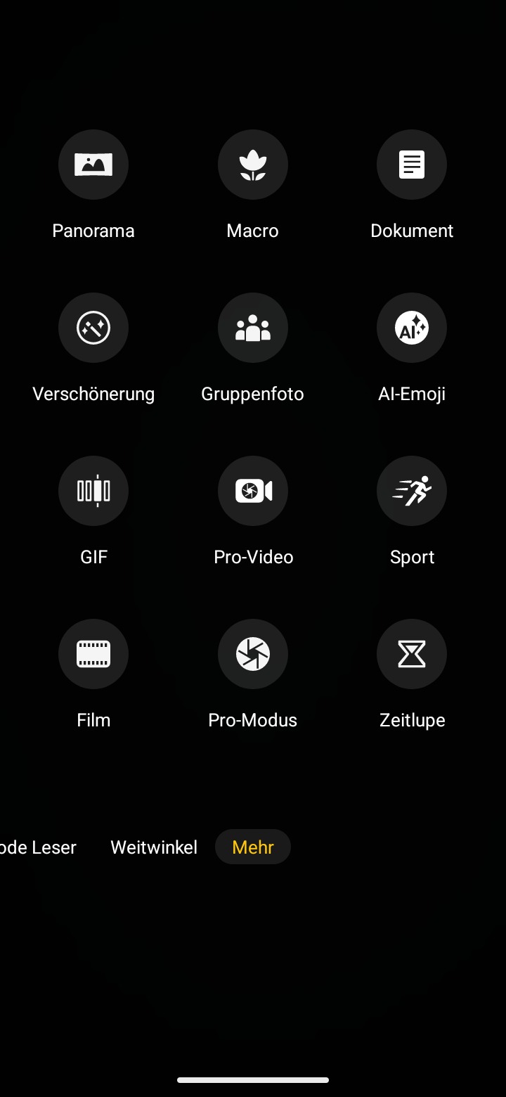 Screenshot von allen verfügbaren Modi unter ‚‚Mehr"