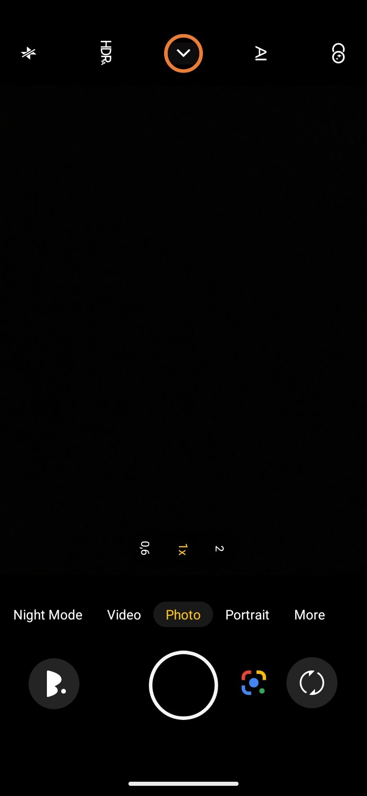 Screenshot of camera app “Downward pointing arrow” selected