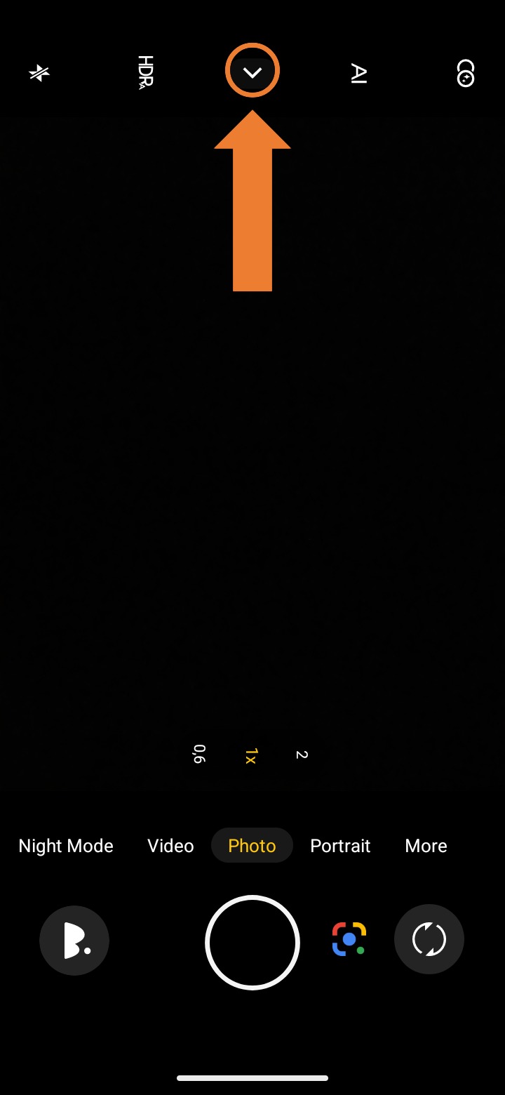 Screenshot of camera app “Downward pointing arrow” selected