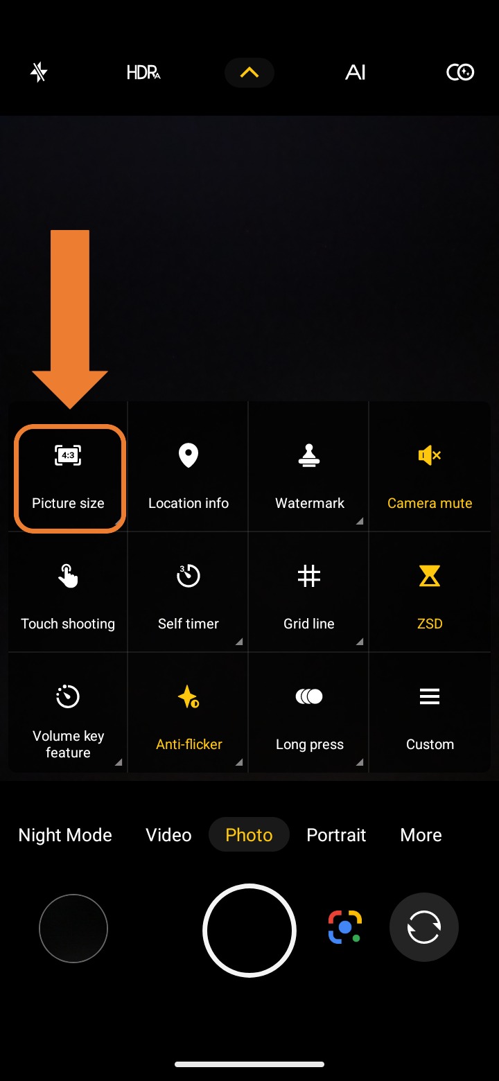 Screenshot of camera app with “picture size” selected in settings