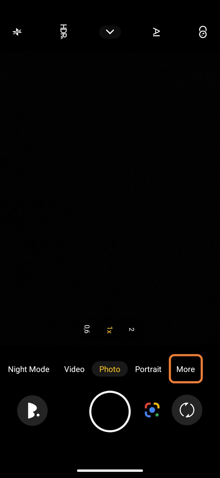Screenshot of camera app “More” selected
