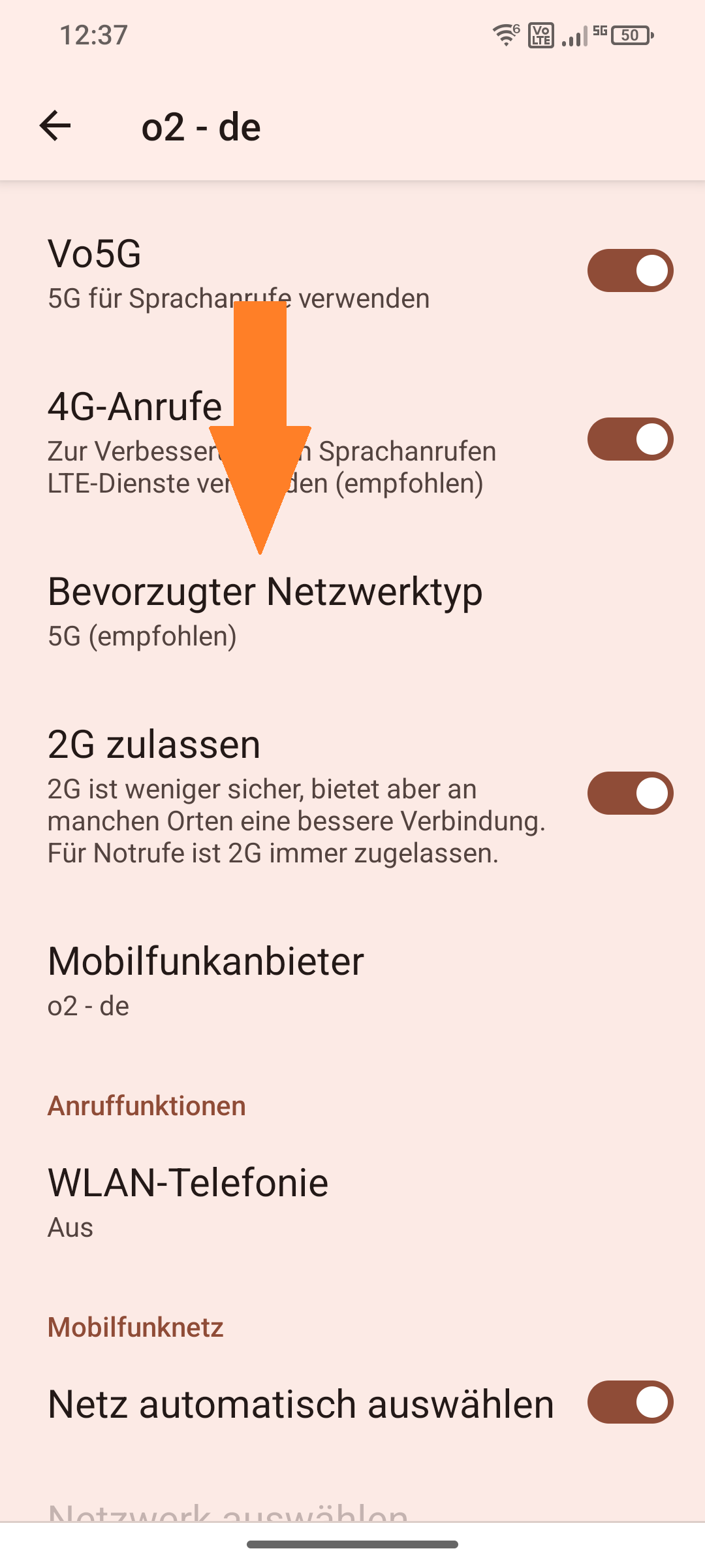 Screenshot von Erweitert ‚‚Bevorzugter Netzwerktyp" ausgewählt
