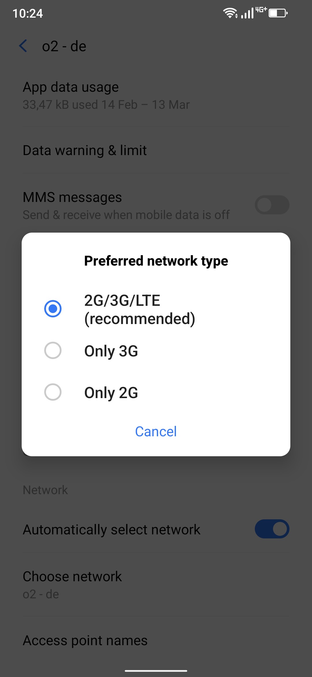 Screenshot of “preferred network type”