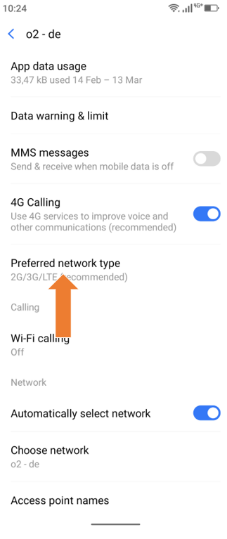 Screenshot of advanced “preferred network type” selected