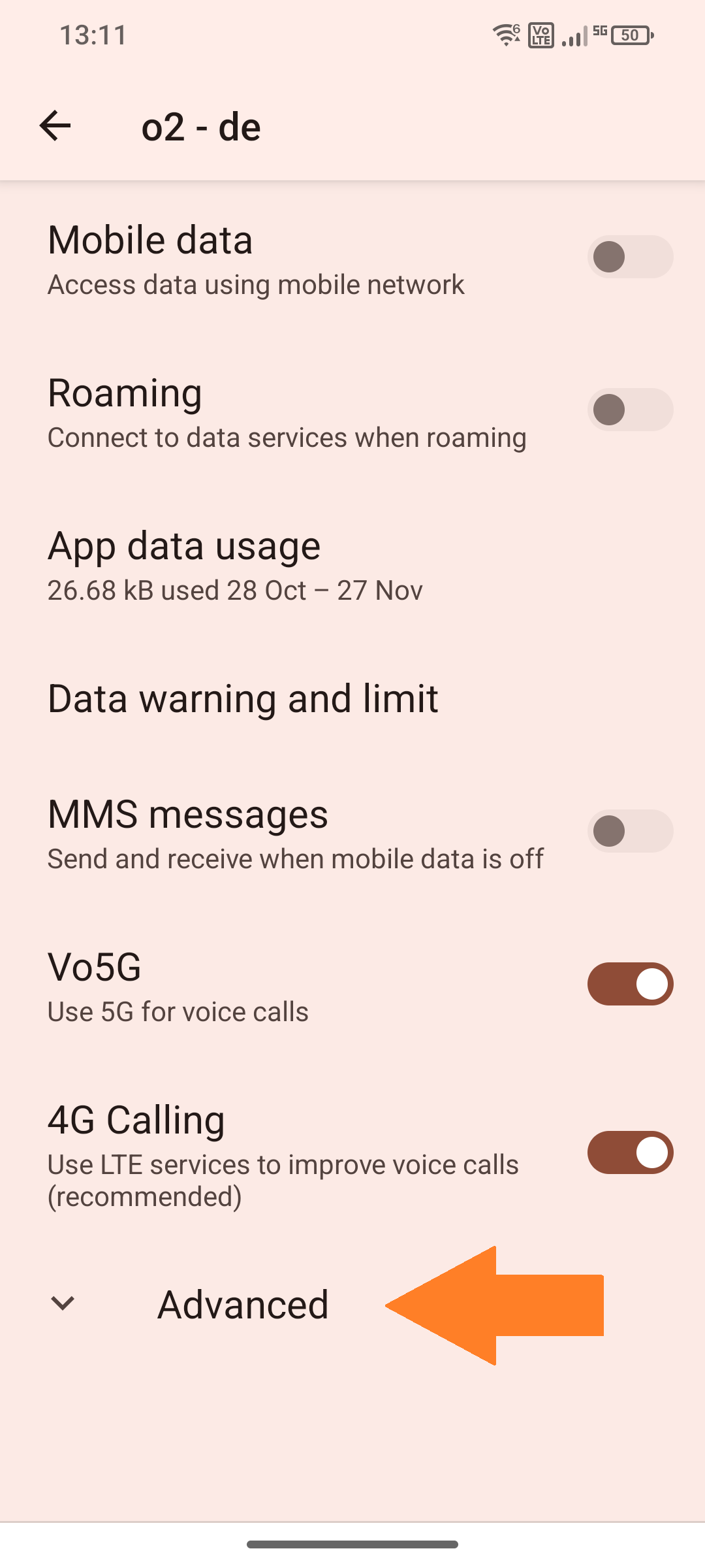 Screenshot of mobile network “Advanced” selected