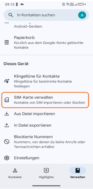 Screenshot von verwalten ‚‚SIM Karte verwalten" ausgewählt