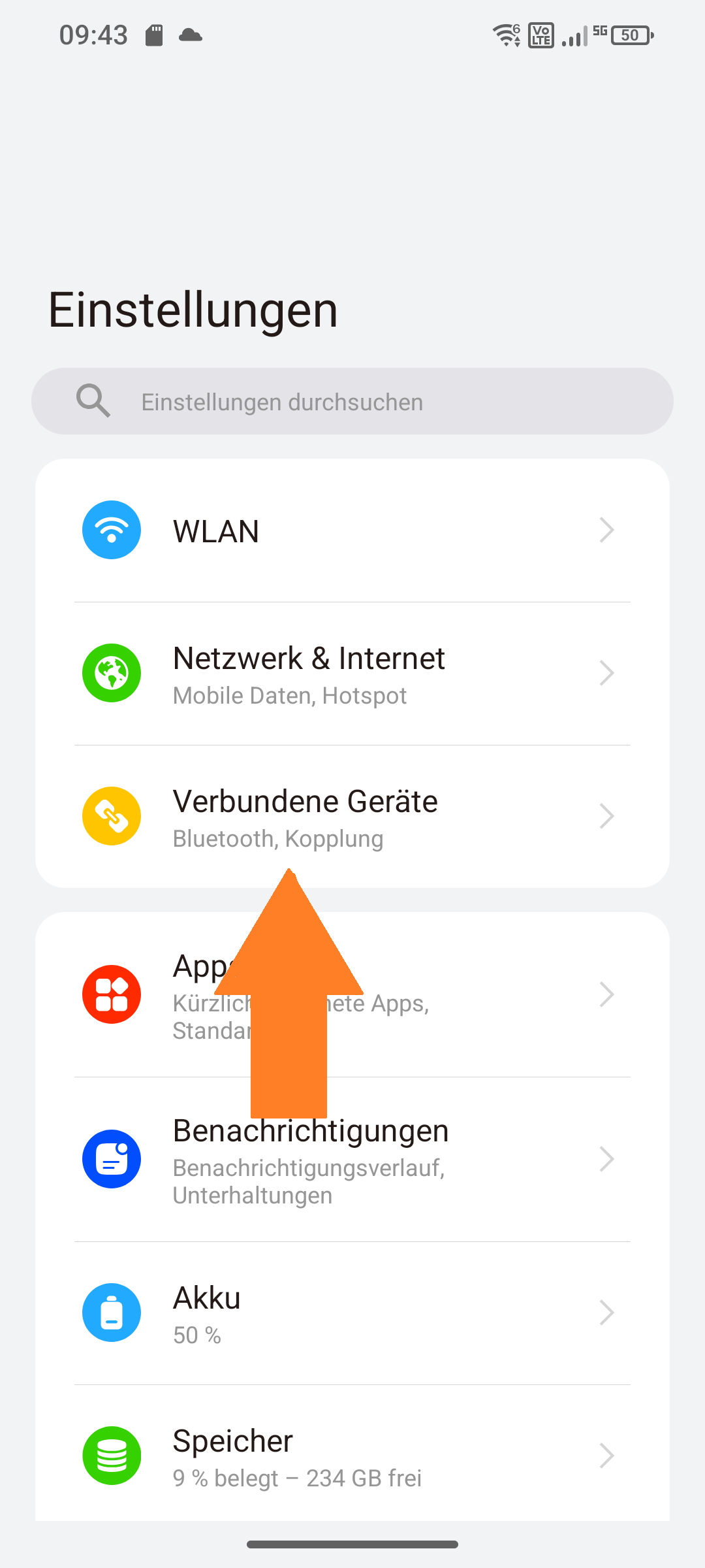Screenshot von Einstellungen ‚‚Verbundene Geräte" ausgewählt