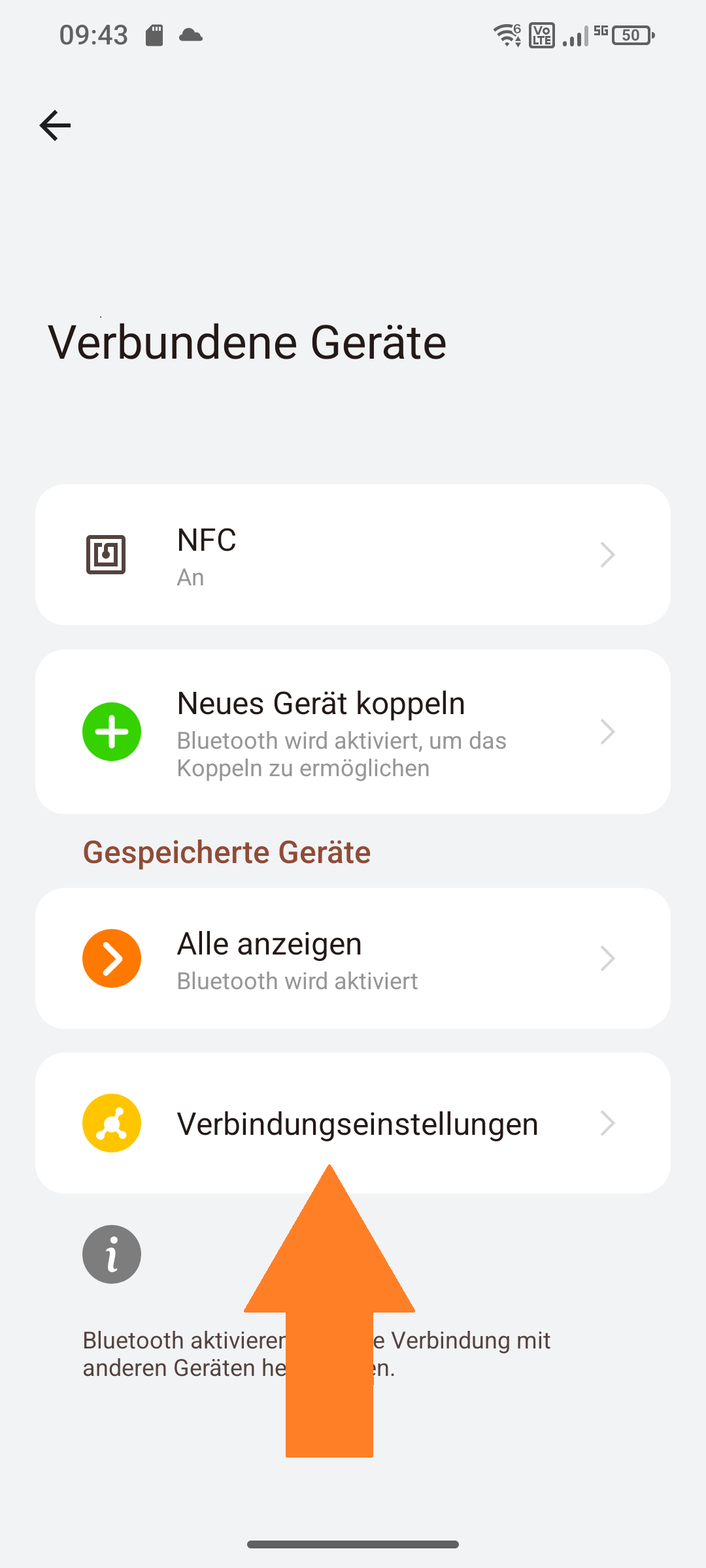 Screenshot von Verbundene Geräte ‚‚Verbindungseinstellungen" ausgewählt