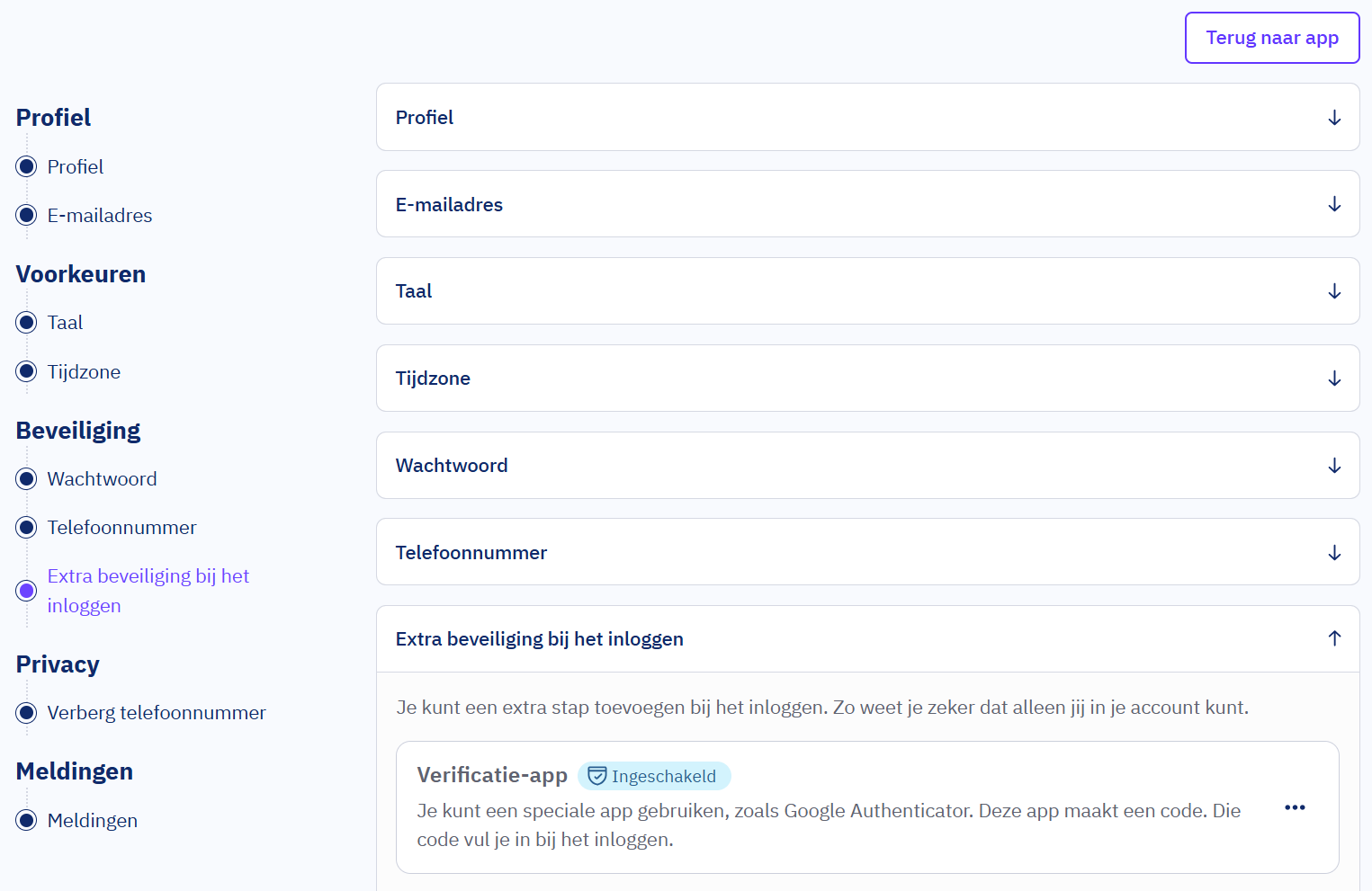 Twee-factor authenticatie instellen in Caren