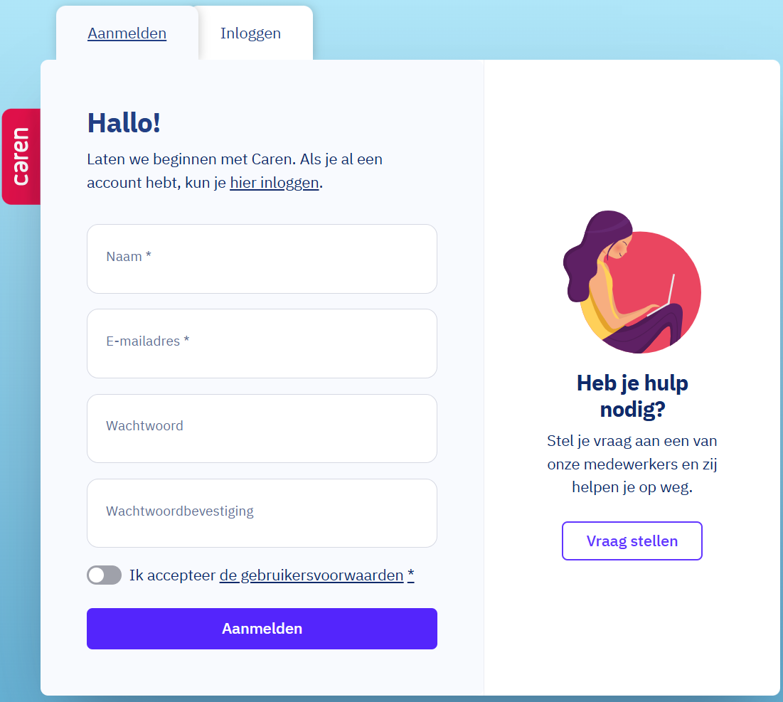 Scherm voor account aanmaken in Caren