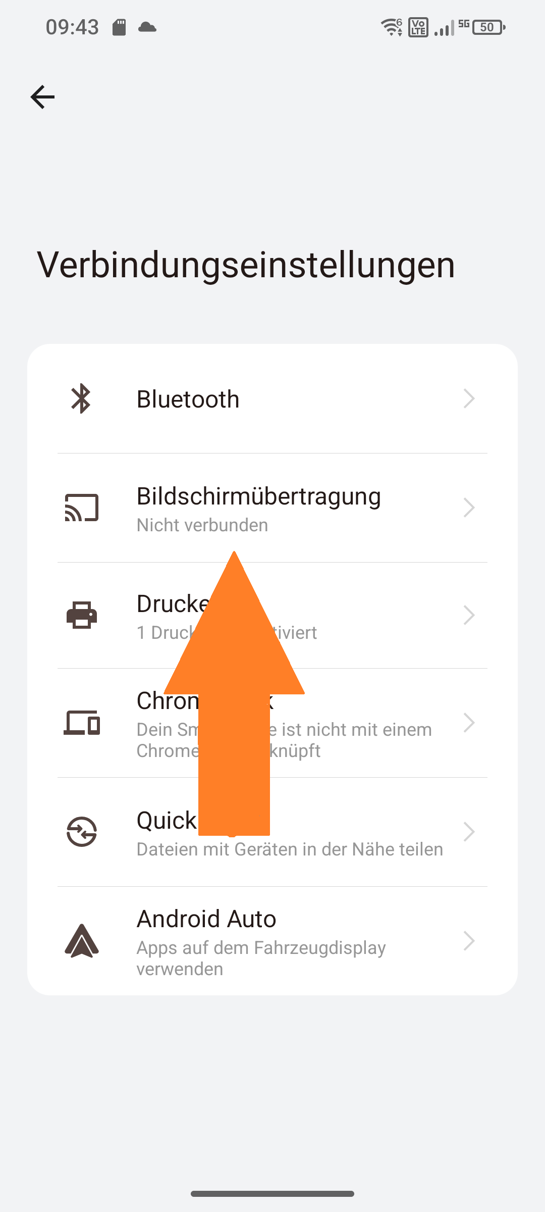 Screenshot von Verbindungseinstellungen ‚‚Bildschirmübertragung" ausgewählt