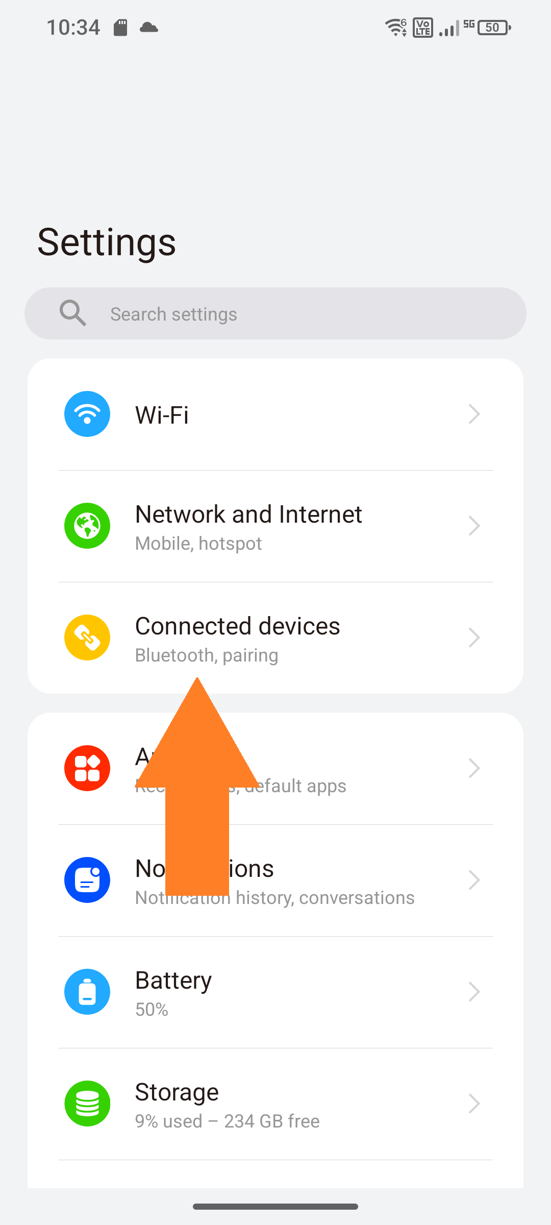 Screenshot of settings “Connected devices” selected